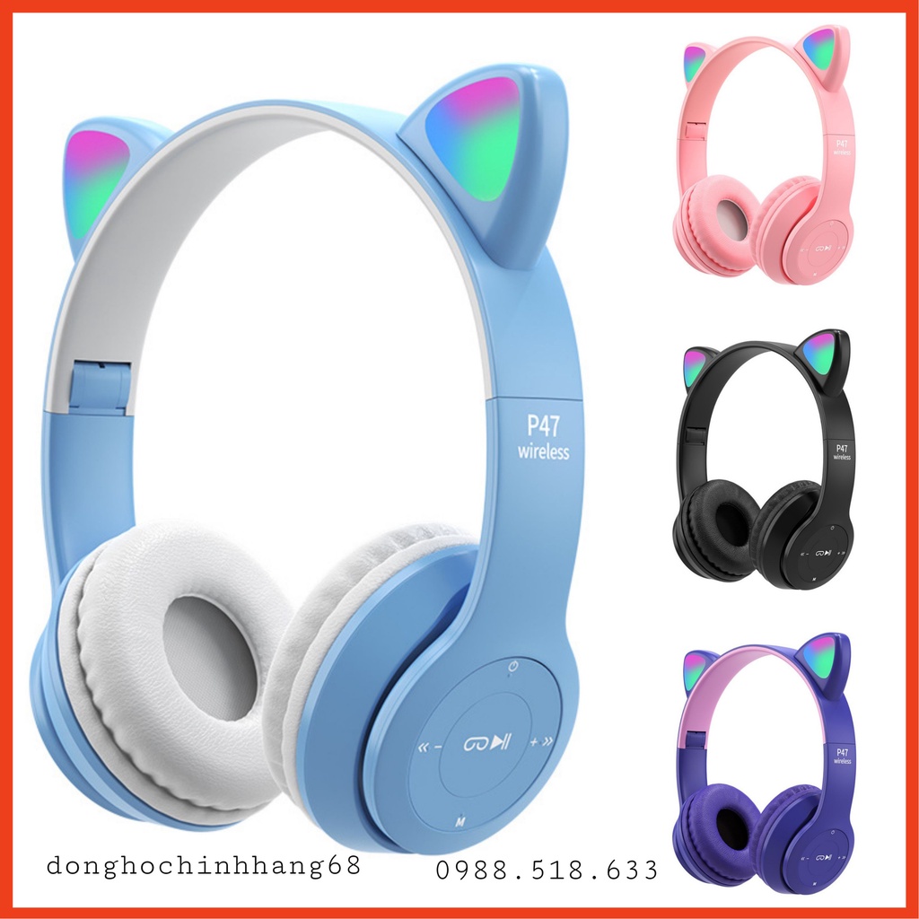 Tai Nghe Mèo Bluetooth P47M, Tai Mèo Dễ Thương Có Mic, Âm Bass Mạnh Mẽ Nghe Nhạc Cực Hay Bảo Hành 12 Tháng
