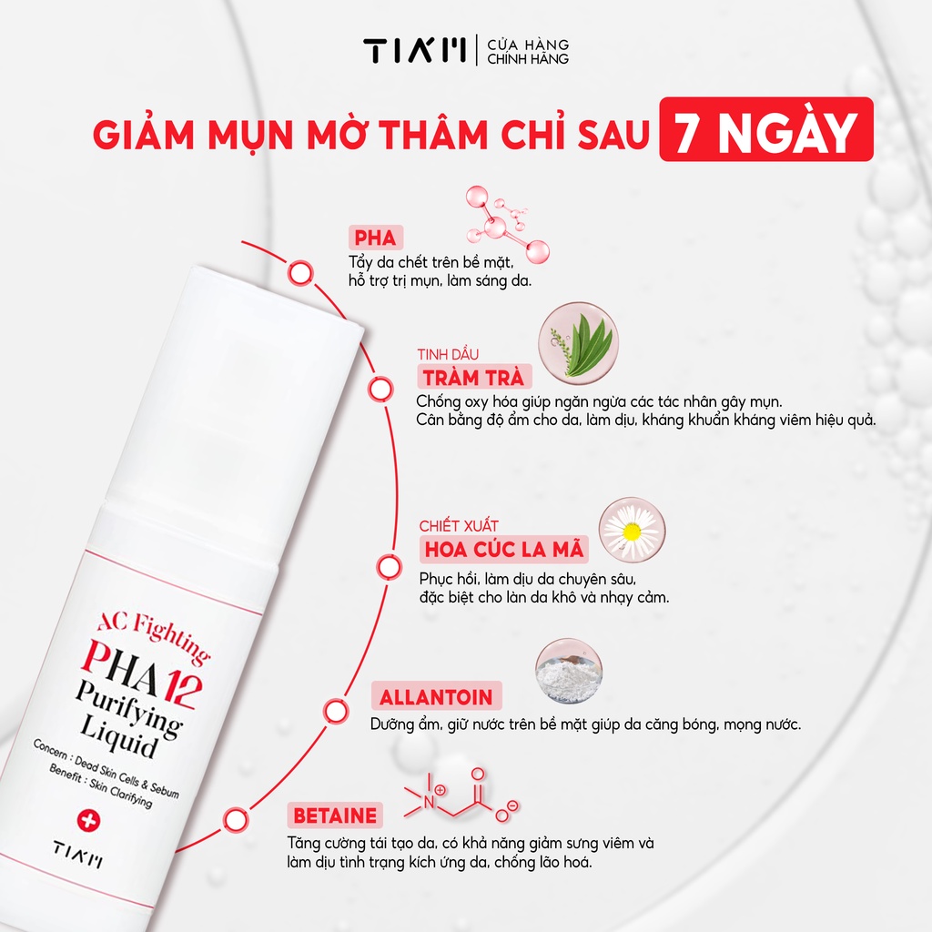 Tinh Chất Ngừa Mụn, Sáng Da, Mờ Thâm 12% PHA + 4,75% Tinh Dầu Tràm Trà Tia'm AC Fighting PHA 12 Purifying Liquid