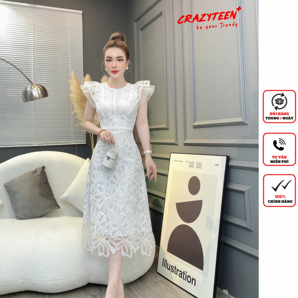 Đầm midi dự tiệc nữ CRAZYTEEN cổ tròn tay v viền bèo họa tiết ren sang trọng D0239