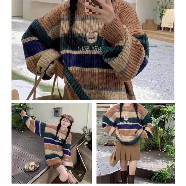 Áo Len Kẻ Honey Bear QCCC Nữ [FREESHIP]  Sweater form rộng tay bồng vintage, kiểu dáng bánh bèo cá tính Ulzzang