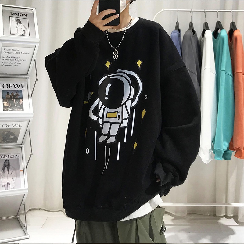 Áo sweater AOKANG cổ tròn dáng rộng lót nhung phi hành gia hoạt hình phong cách Hong Kong thời trang thu đông cho nam