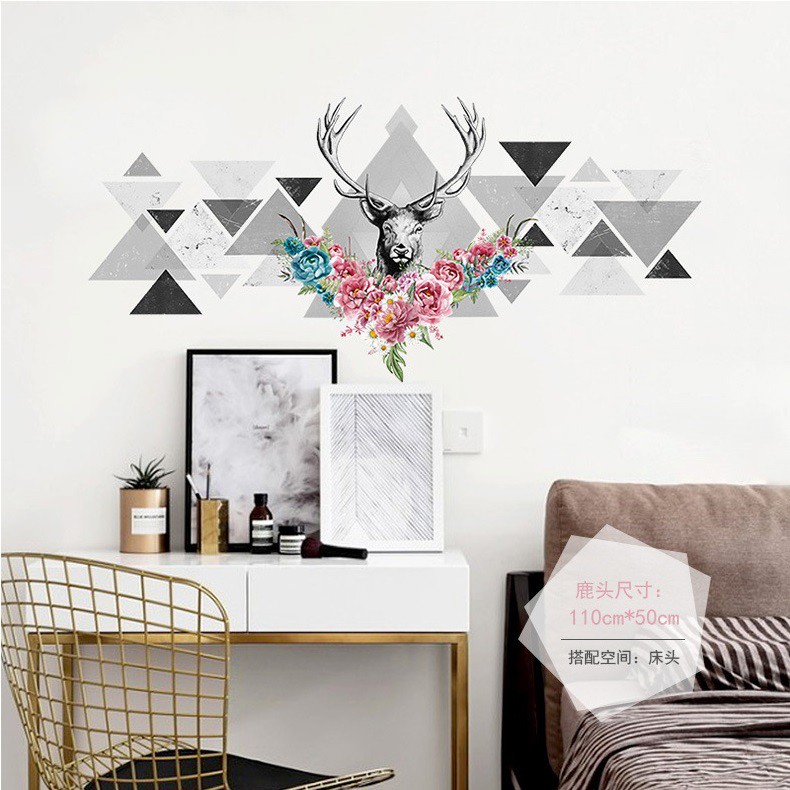 Decal dán tường phòng khách 3D sừng hươu trắng đen - decan cao cấp có keo sẵn cắt sẵn bóc dán ngay tại nhà