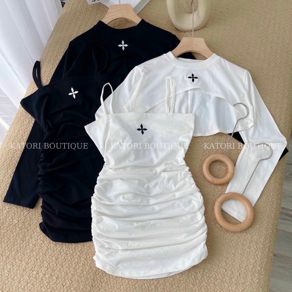 SET Đầm Nhún Thêu Đen - Trắng