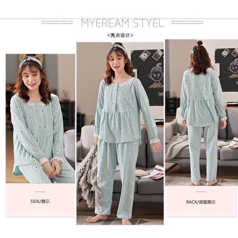 Bộ bầu và sau sinh dài tay, cổ ren bèo chất cotton đẹp mềm, kiểu dáng kẻ sọc cực xinh và trẻ trung BD46