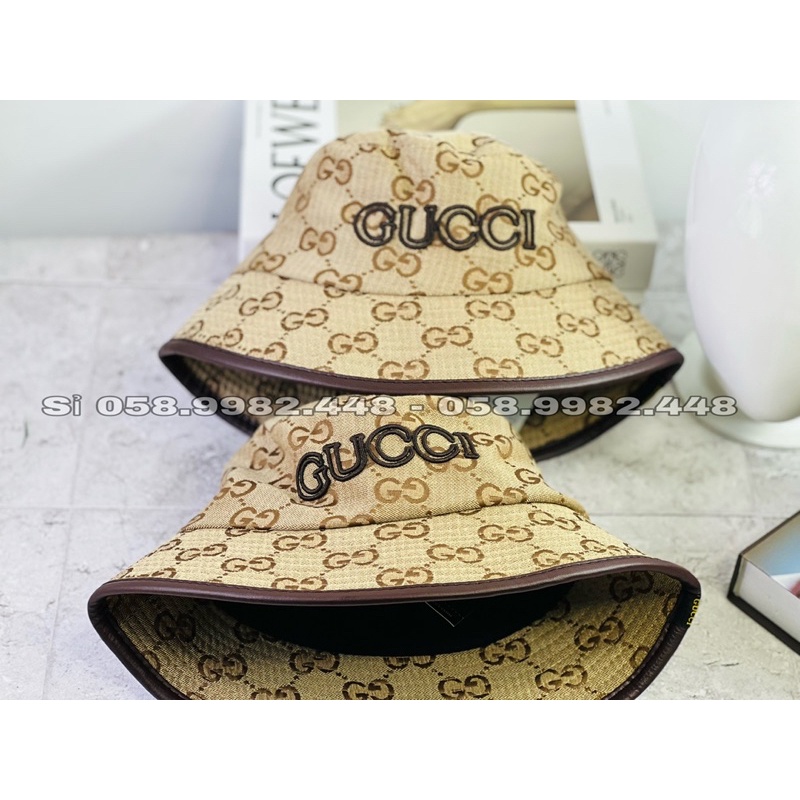 Nón Bucket Hoạ Tiết gg Thêu GX Viền Nâu Siêu Đẹp - Mũ Vành Phối Viền Da Cao Cấp