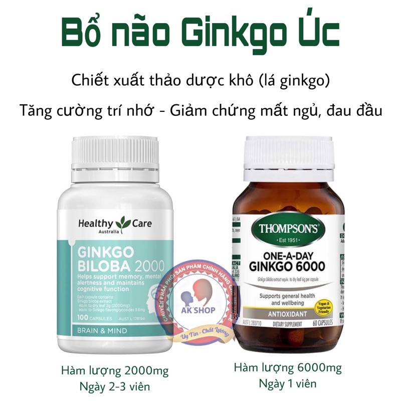 Bổ não Ginkgo healthy care và ginkgo Thompson hàng chính hãng Úc