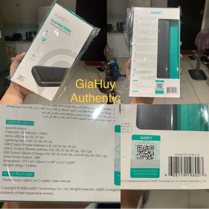 Pin sạc dự phòng AUKEY PB-Y23 20000mAh, sạc nhanh PD 2.0 18W &amp; QC 3.0 18W