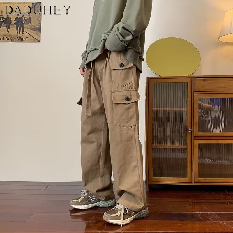 DaDuHey Autumn American Retro Multi-Pocket Elastic Waist Overalls Men's and Women's Oversize Fashion Loose Straight Casual Pants