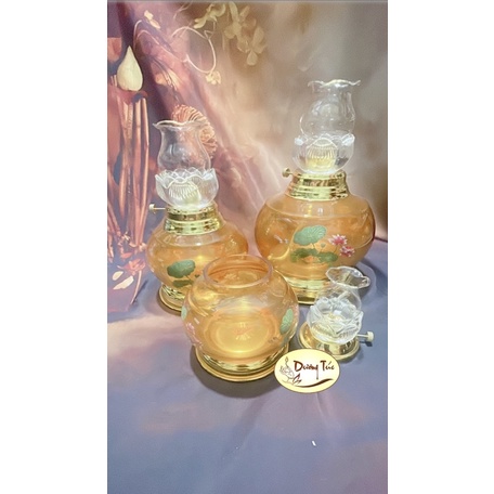 Đèn Dầu Đốt Đèn Hình Bầu In Sen Pha Lê Vàng Thờ Cúng - Chân Hợp Kim / Chân Đồng