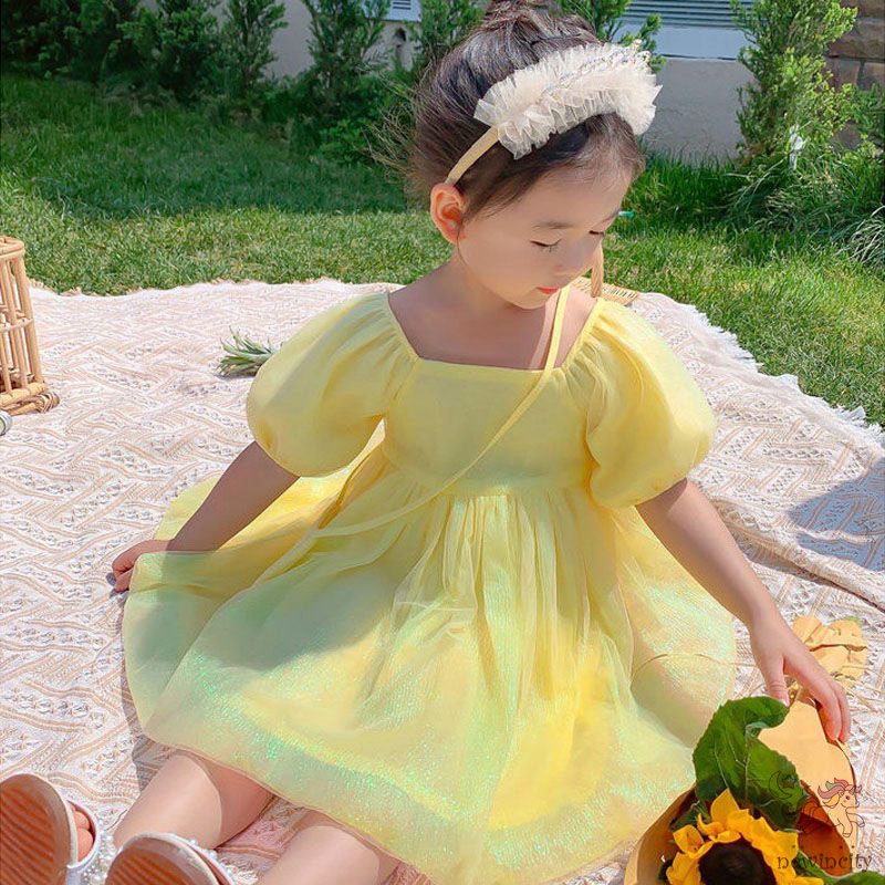 Bộ Đầm Công Chúa Vải Voan Phồng Kiểu Hàn Quốc Thời Trang Mùa Hè Kèm Túi Dành Cho Bé Gái