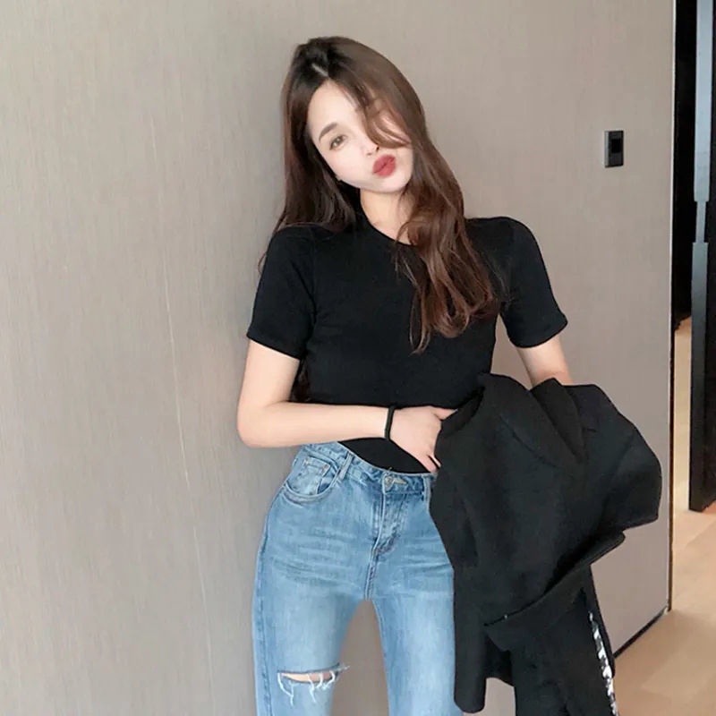 Áo Thun Cotton Tay Lửng Màu Đen Trơn Thời Trang 2022 Cho Nữ