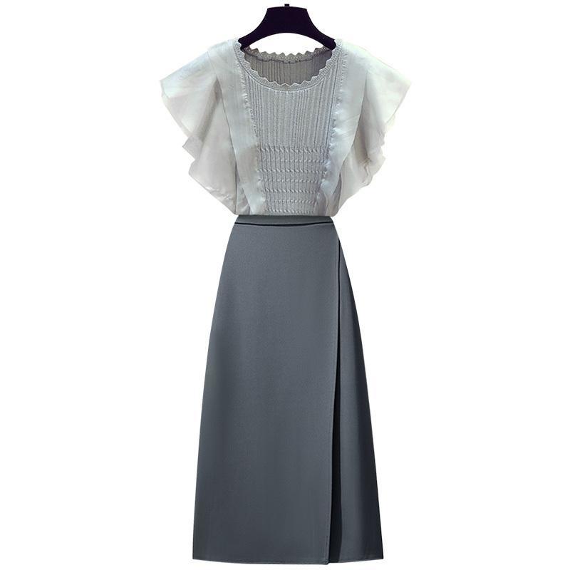 Temperament chiffon lotus leaf edge sweater women's 2022 summer new style high waist A half skirt two suits