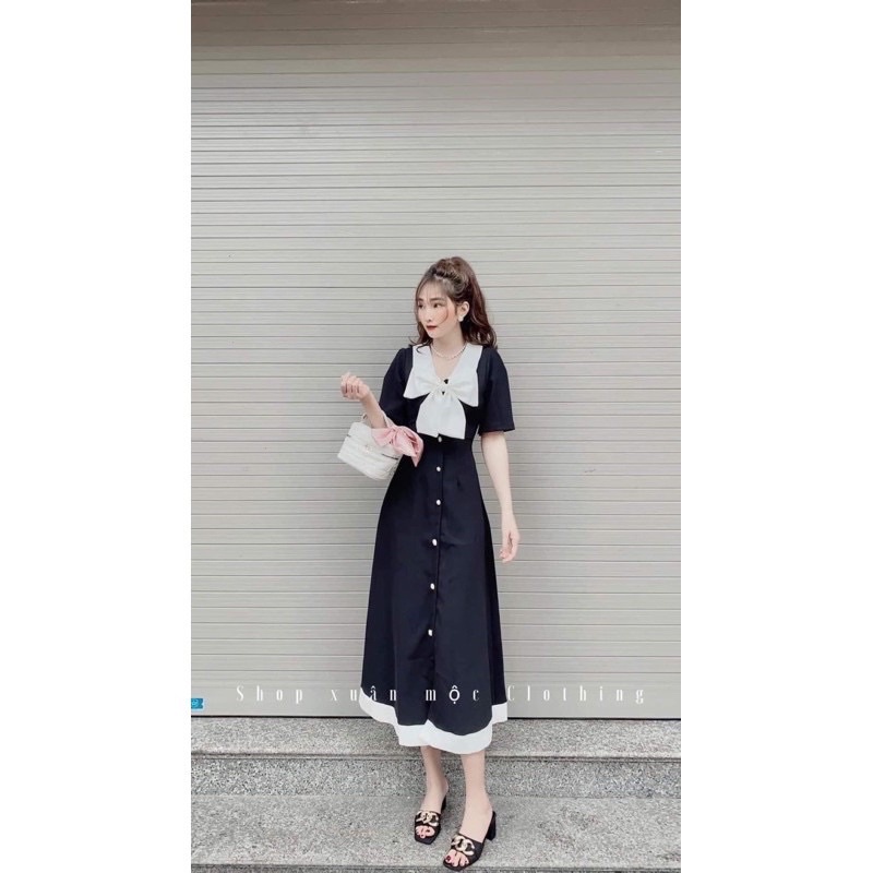 Đầm bầu công sở dáng suông đính nơ điệu đà váy bầu dáng suông cúc ngọc hai bên có cúc điều chỉnh độ rộng
