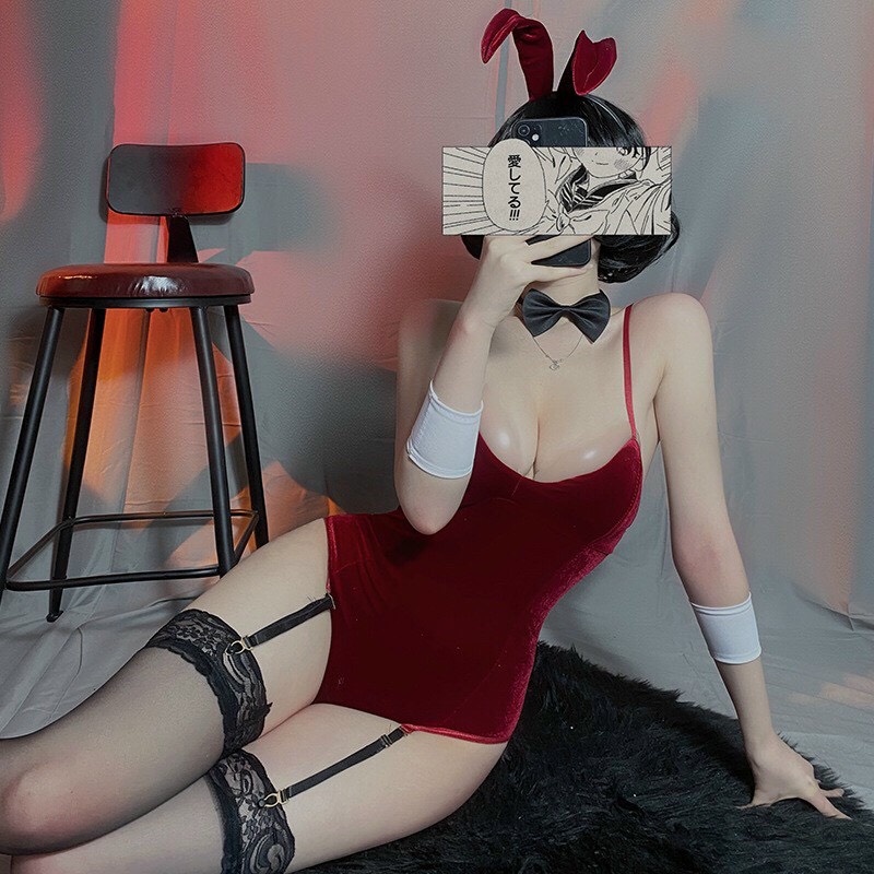 (Che tên sp) Bộ cosplay nhung tai thỏ liền thân siêu đẹp MS2511