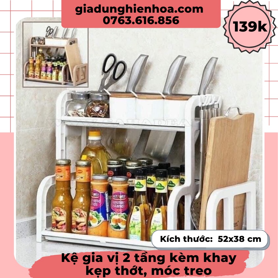Kệ Đựng Gia Vị Nhà Bếp Kèm Khay Đựng Thớt và Móc Treo