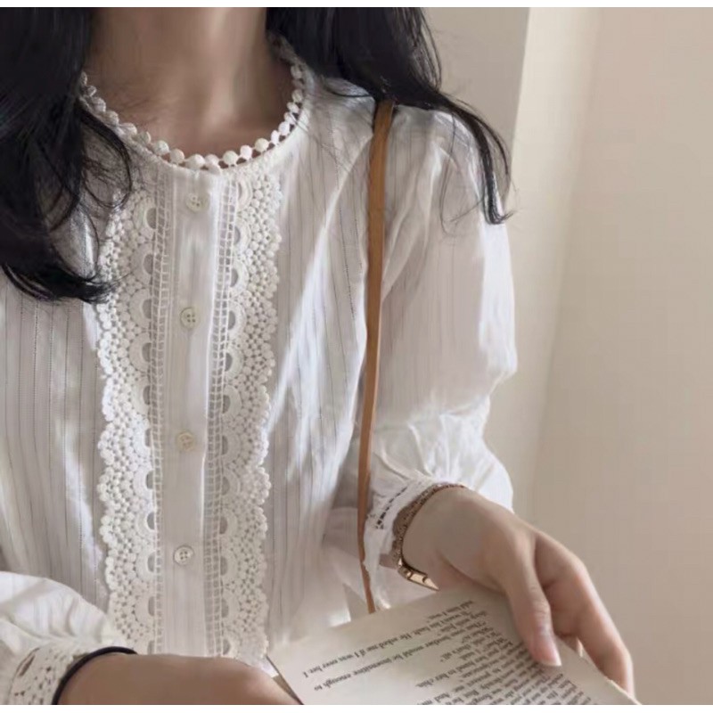 [Ảnh thật/Video] Áo sơ mi nữ cổ hạt gạo cách điệu viền ren cài cúc phong cách Hàn Quốc áo sơ mi trắng trẻ trung | BigBuy360 - bigbuy360.vn