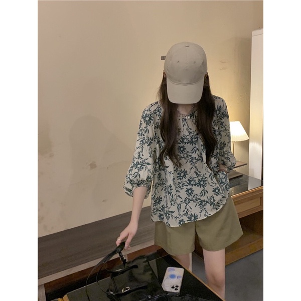Set  Áo sơ mi nữ mùa hè 2022 phong cách Pháp phom rộng và quần short kaki QC2562022105