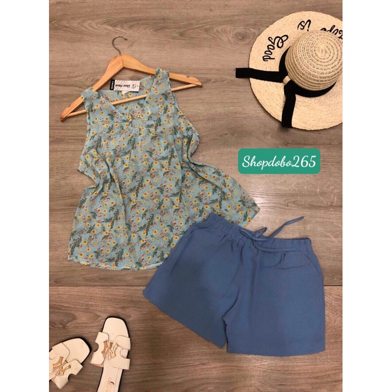 Set đồ nữ,đồ bộ nữ,đồ ngủ mặc nhà đùi áo voan phối quần vải đũi thời trang size 45-57kg.