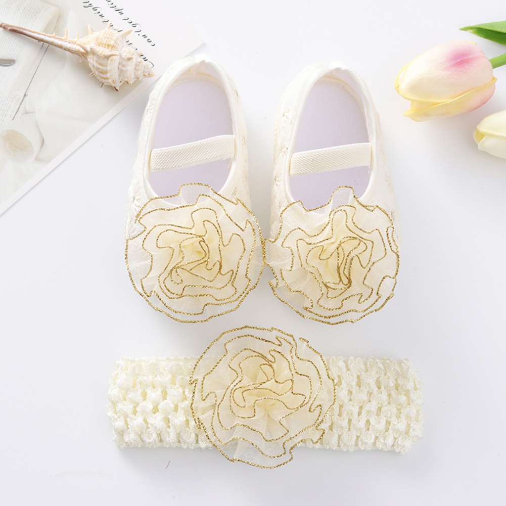 Giày tập đi mềm mại kèm băng đô ren dễ thương cho bé gái 0-12 tháng tuổi
