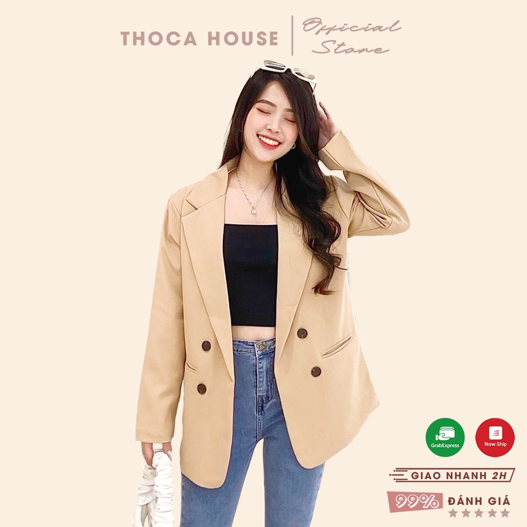 Áo khoác vest công sở túi mổ 3 nút tay 2 lớp THOCA HOUSE màu đen, màu cà phê sang trọng cho nữ đi làm, đi tiệc