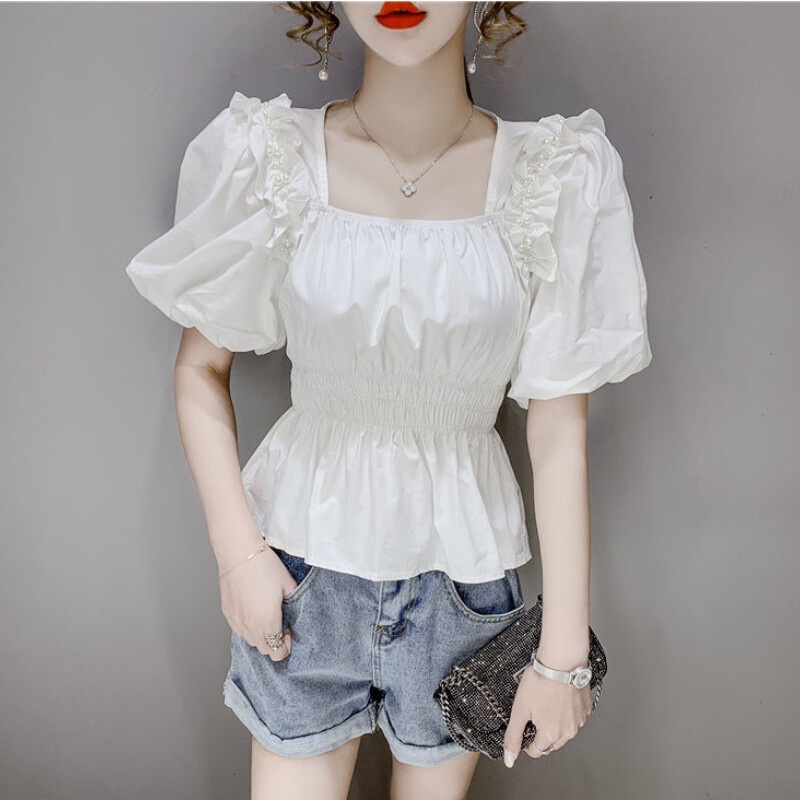 Áo Kiểu Cổ Vuông Tay Phồng Màu Trắng Thời Trang Mùa Hè Phong Cách Hàn Quốc Cho Nữ Mới