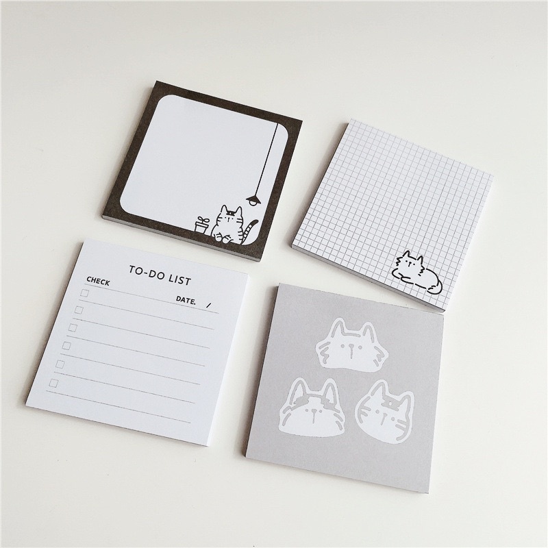 Giấy note, giấy ghi trắng đen chú mèo ngốc nghếch cute, tiện lợi Hàn Quốc style, tối giản