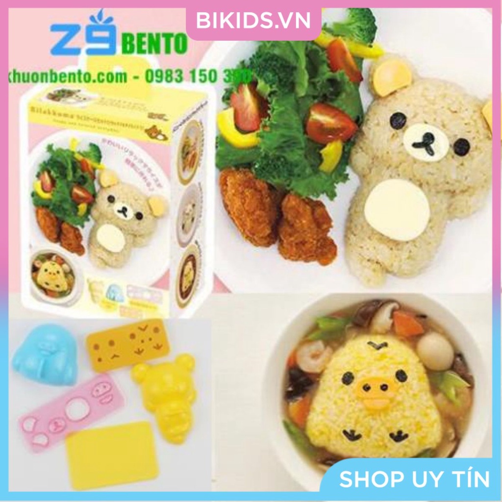 Bộ khuôn ép cơm bento gấu và gà kèm tấm cắt trang trí - Cao cấp