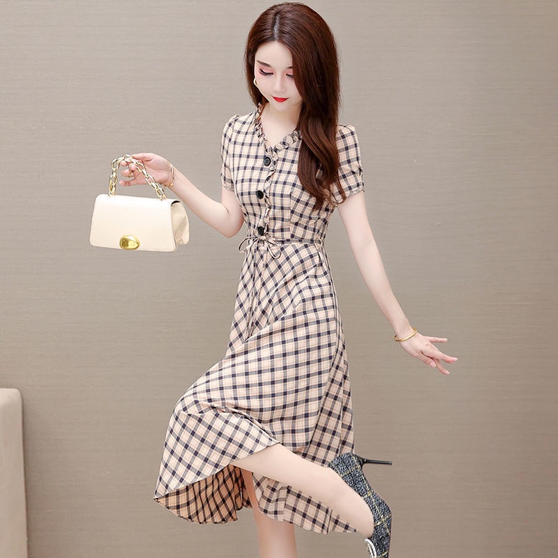 Đầm Ngắn Tay Ôm Eo Họa Tiết Sọc Caro Phong Cách Hàn Quốc Thời Trang Cho Nữ