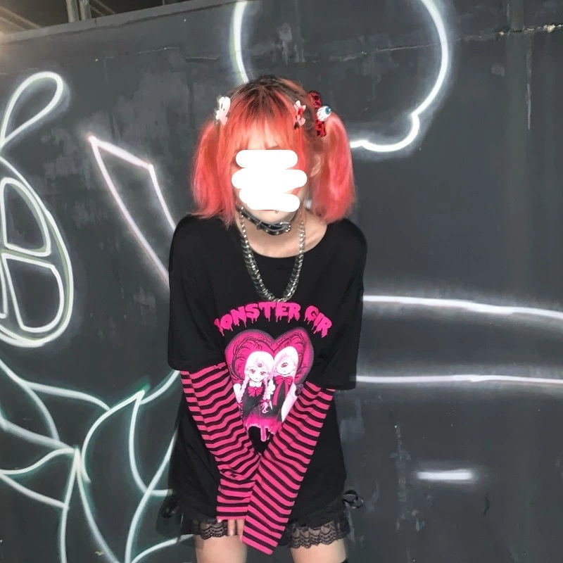 Áo thun đen tai dài dáng rộng phong cách Harajuku thời trang cho nữ