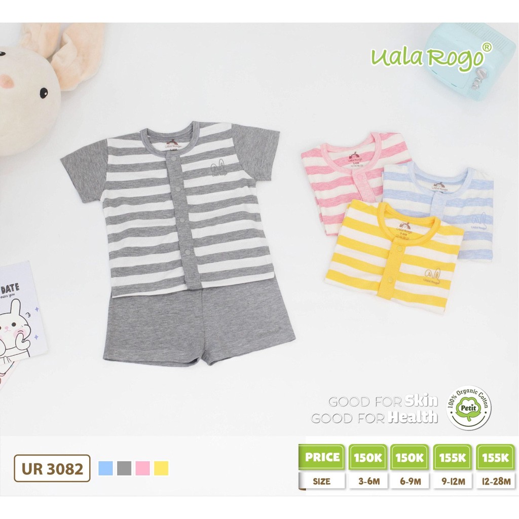 Bộ cộc tay cài giữa UALA &amp; ROGO vải organic cotton &amp; petit hè mát 3082