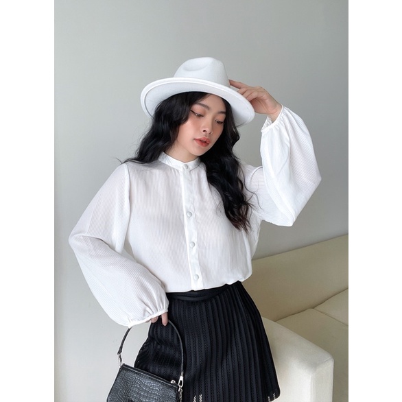 Áo xếp ly nơ lưng nút bọc 4 màu Bơ-Trắng-Hoa-Tím