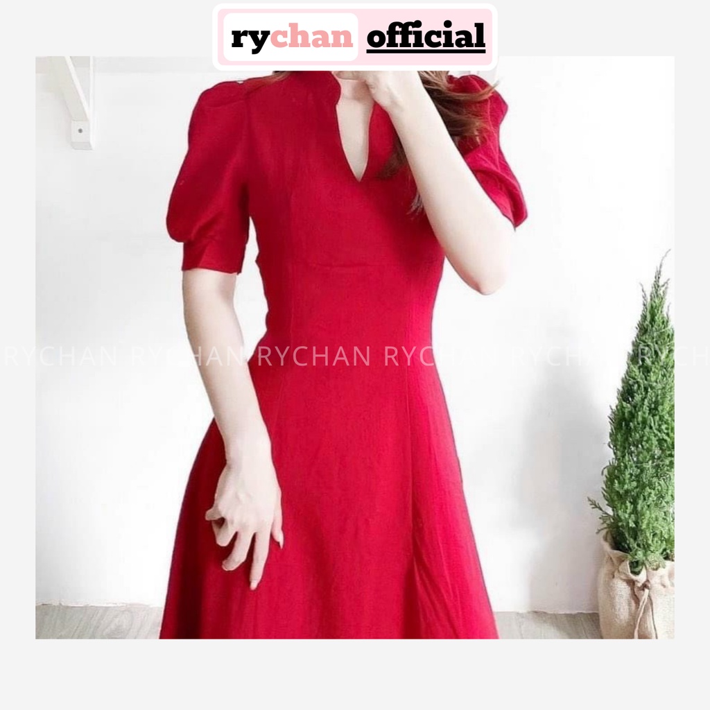 Đầm Xòe Midi Cổ Tàu Tay Phồng Chiết Eo 2 Màu [Ảnh Thật Cuối] - DX0019