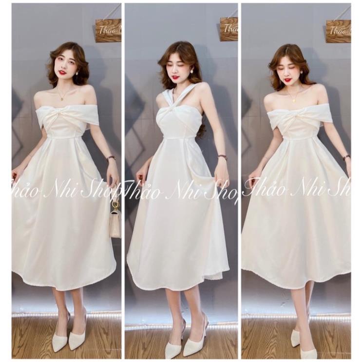 ✔ 𝗙𝗥𝗘𝗘 𝗦𝗛𝗜𝗣 VÁY TRỄ VAI TRẮNG NƠ 2S DÁNG XOÈ CHUN LƯNG