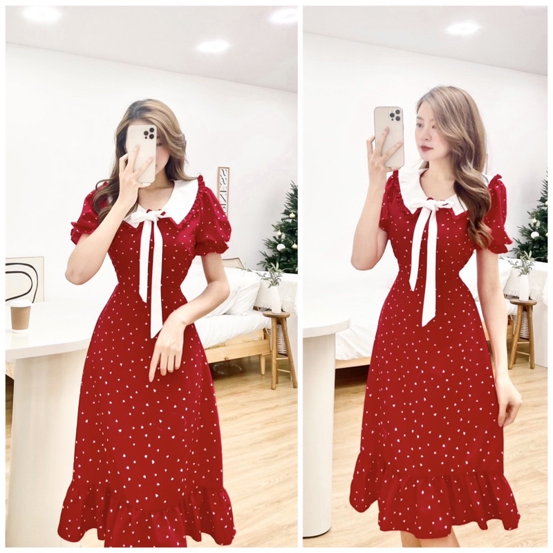 ĐẦM ĐỎ HOA MIDI ĐUÔI CÁ CỔ TRẮNG