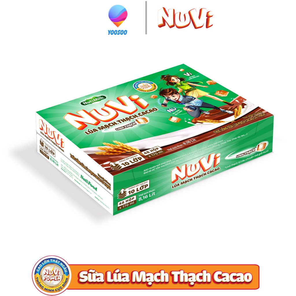 Thùng 48 Hộp NuVi Sữa Lúa Mạch Thạch Cacao/ Sữa Chua Thạch Dâu/ Sữa Trái Cây Thạch Cam 170ml - NUTIFOOD - YOOSOO MALL