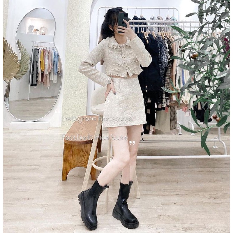 Set dạ tweed nude tay dài siêu xinh kèm ảnh thật MS123