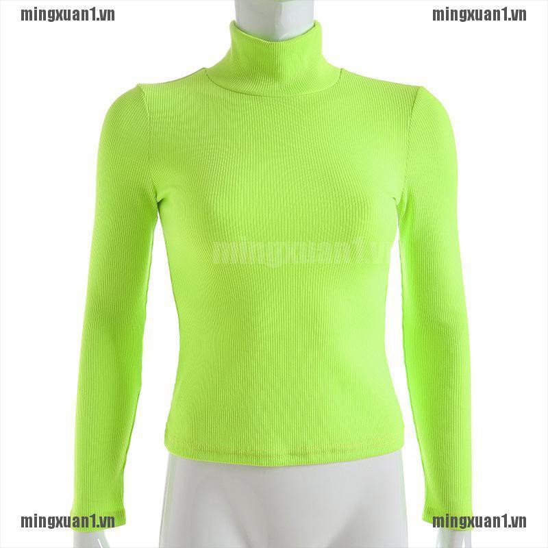 MINON Autumn Winter Neon Color Ribbed TShirt Women Turtleneck Fashion Knitted Tops Tee VN