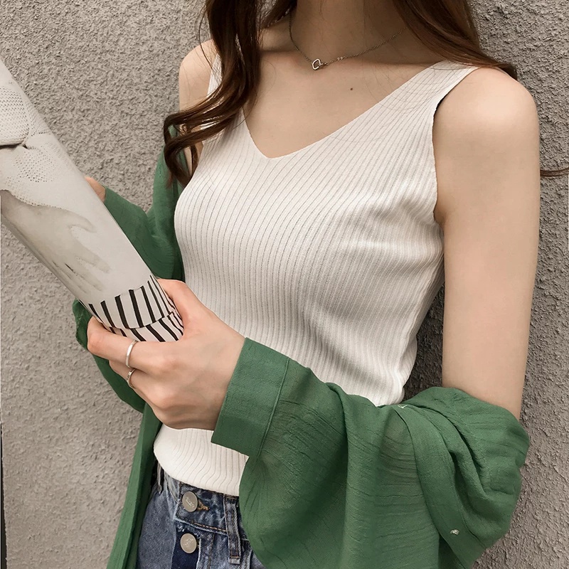 Áo Dệt Kim Sát Nách Cổ Chữ V Màu Sắc Thanh Lịch