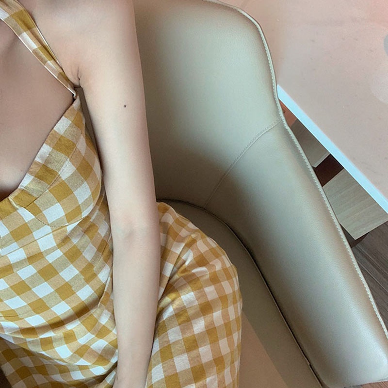 Đầm IELGY dáng chữ A không tay họa tiết sọc caro phong cách retro thời trang cho nữ