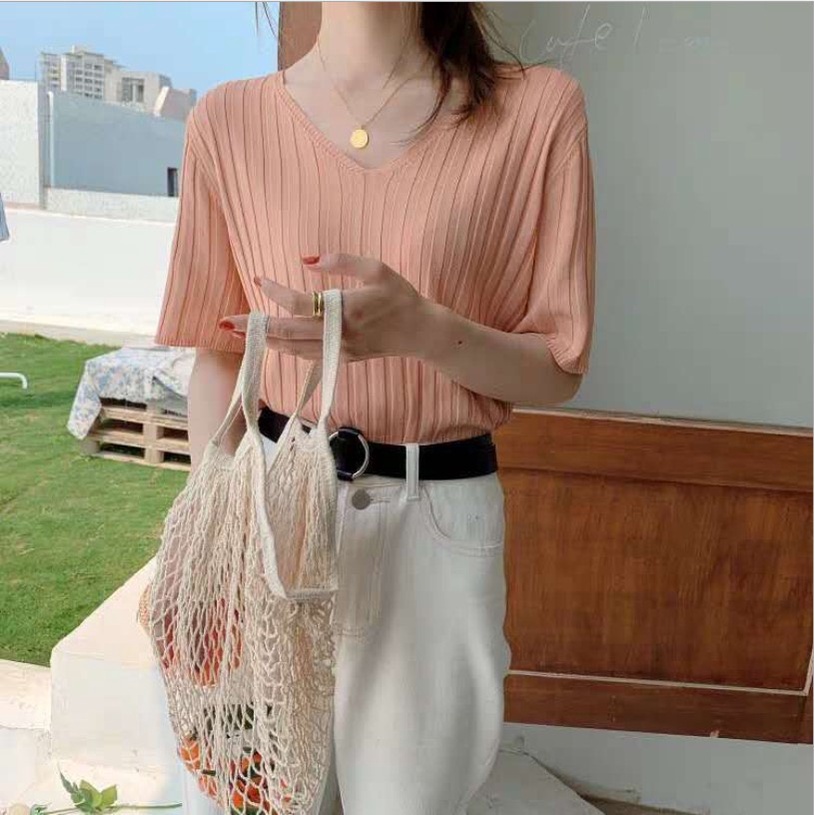 Áo thun nữ ngắn tay nhiều màu len tăm hàng Quảng Châu phong cách Hàn Quốc