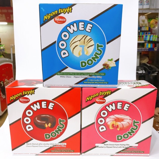 BÁNH DOOWEE DONUT SOCOLA/ DÂU/ CAM/ PHÔ MAI HỘP 300G (10 CÁI)