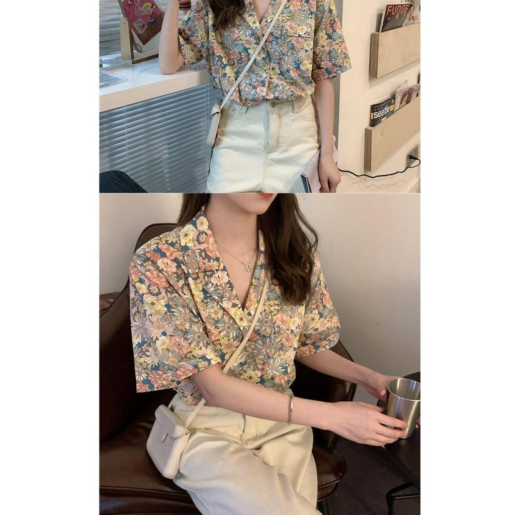 Áo Sơ Mi Tay Ngắn Chất Chiffon Phối Họa Tiết Hoa Xinh Xắn Thời Trang Kiểu Pháp