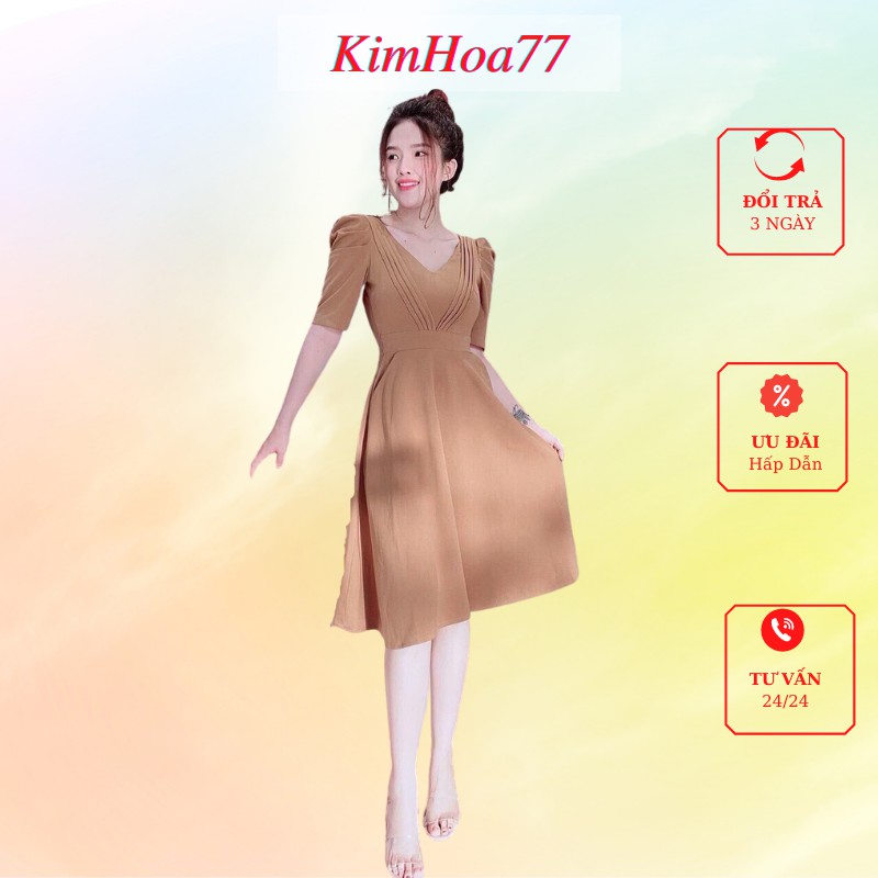 Váy xòe đầm nữ dự tiệc freesize chất kate lụa tay ngắn xếp ly trước ngực kimhoa77