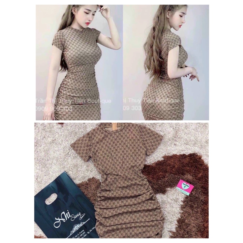 Đầm váy nữ dáng ôm body nhún họa tiết tay ngắn thời trang nữ