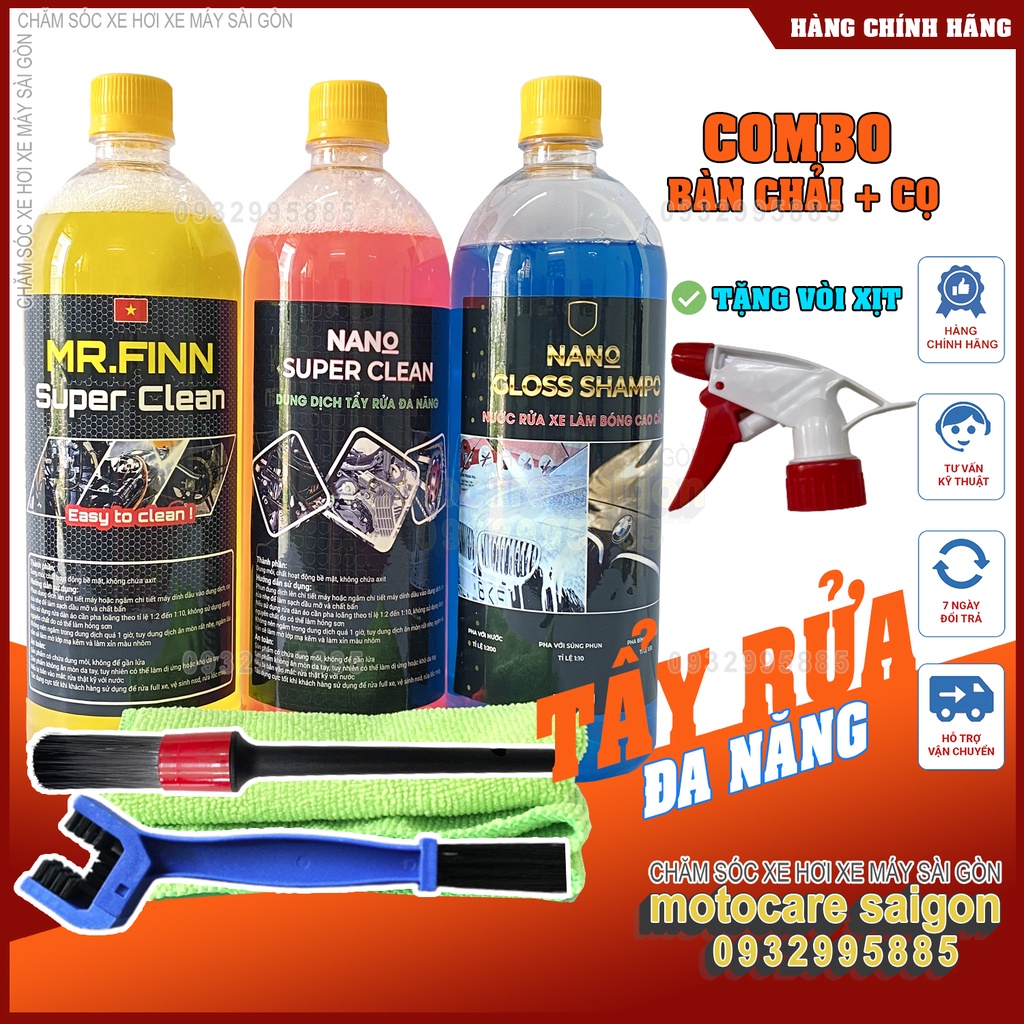 COMBO 3 chai chăm sóc xe Tẩy đa năng Mr Finn Super Clear, Tẩy Nhớt NANO, Rửa xe Siêu Bóng NANO Chai 1L