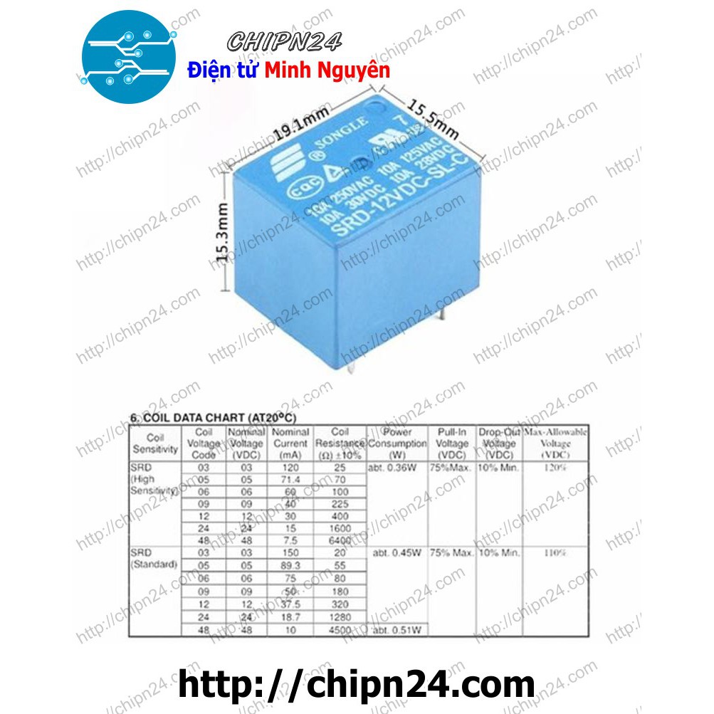 [2 CON] RELAY 5 CHÂN 6V-10A SRD-6VDC-SL-C (5P6V10A)