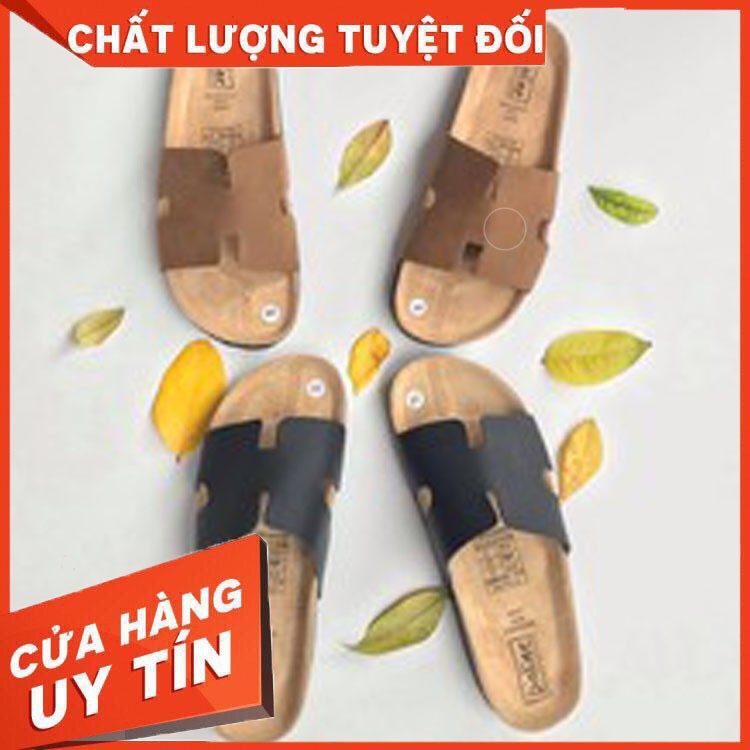 [DA BÒ THẬT] D04-Dép da chữ H Birken Bioline Unisex (Đế trấu) - BIOLINE Store