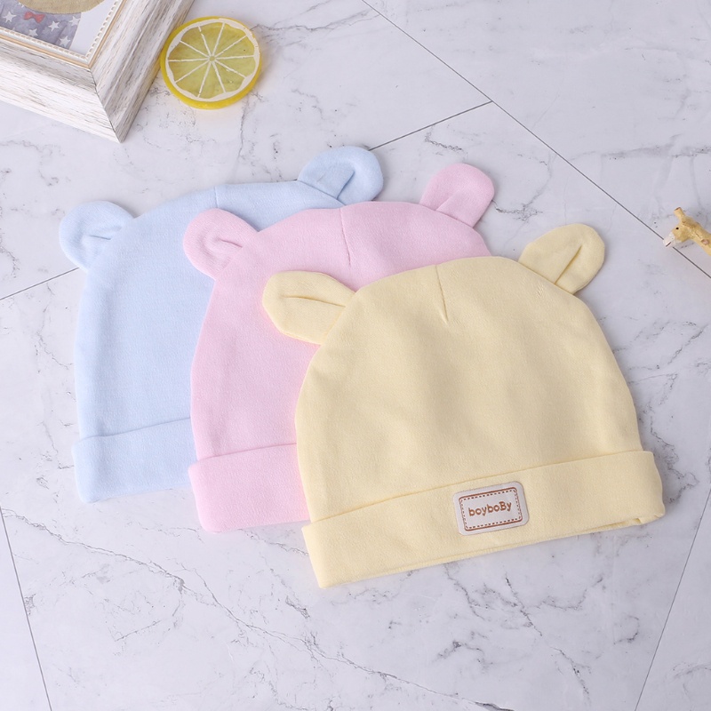 Mũ Trùm Đầu Bằng Cotton Mềm Màu Trơn Hình Tai Gấu Đáng Yêu Cho Bé 0-6 Tháng Tuổi