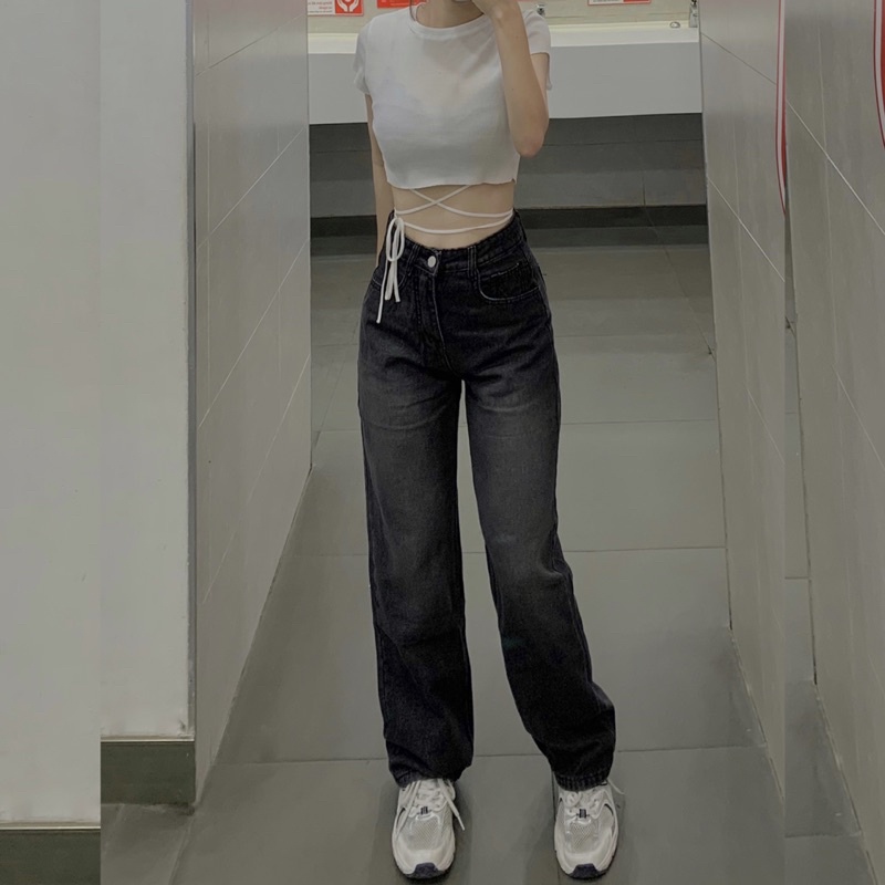 Quần Jeans Đen Nữ Cao cấp ống rộng đứng dáng dày dặn
