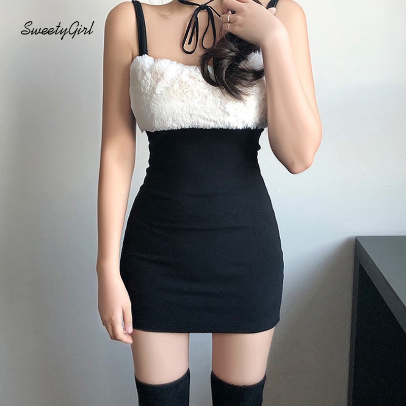 Đầm ôm dáng cổ chữ V hở lưng phối lông màu tương phản thời trang cho nữ